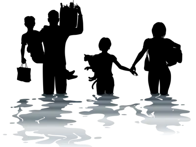 silhouettes of a family walking through floodwaters carrying their belongings
