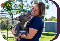 Bryan Animal Center employee holding and smiling at a happy rescue dog