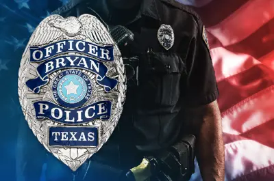 Bryan Police officer badge with officer standing behind on an American flag background