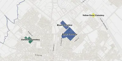 GIS map with labeled Bryan cemeteries